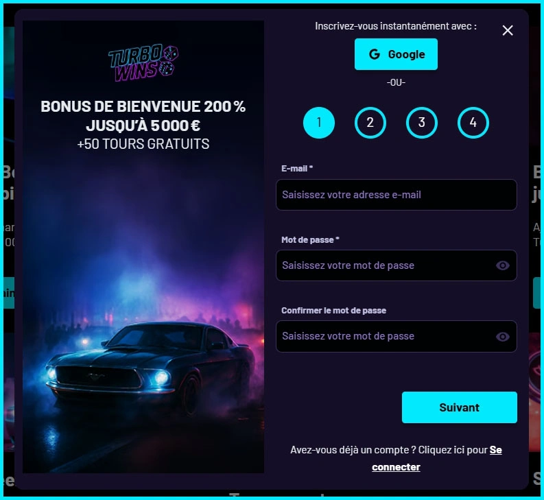 Inscription rapide et facile chez TurboWins